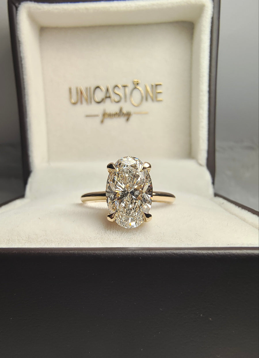 Big 4 carat Oval Moissanite Engagement Ring in 14k Yellow Gold with Hidden Halo Diamond - Hailey Bieber Celebrity
