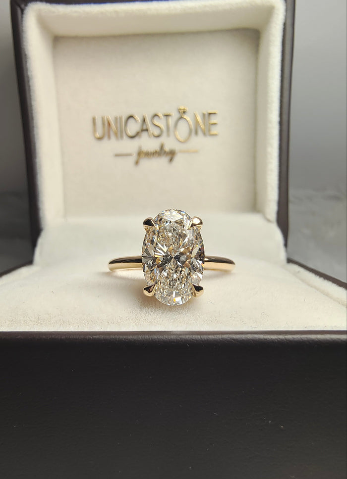 Big 4 carat Oval Moissanite Engagement Ring in 14k Yellow Gold with Hidden Halo Diamond - Hailey Bieber Celebrity